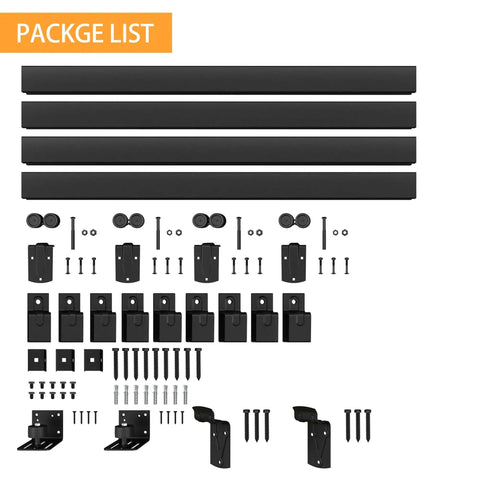 Package contents of Beefy 20 Foot Black Box Rail Exterior Barn Door Hardware Kit For Two Doors, showing tracks, brackets, and screws.