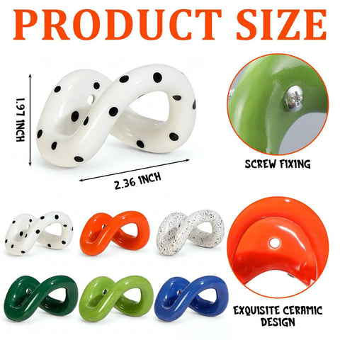 Set of Six Playful Ceramic Wall Hooks for Coats and Keys Game Changer Storage Solution in assorted colors with dimensions.