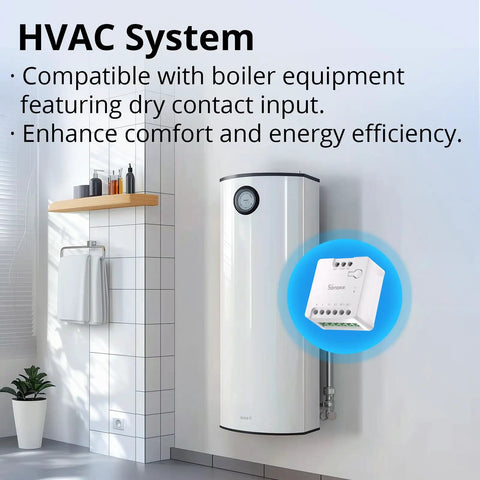 WiFi Mini D Smart Switch with Matter for dry contact, next to boiler in a home setting, showing compatibility with HVAC systems