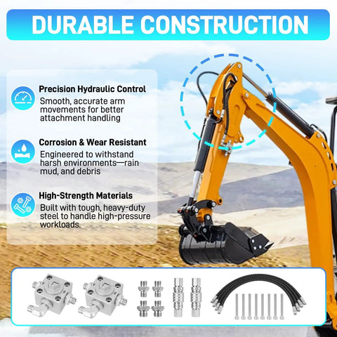 3 Way Hydraulic Diverter Valves Kit For 1-2 Ton Mini Excavator With Quick Connects, 31 Inch Flexible Hoses, M14 BSP Thread