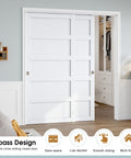 Sliding Closet Door 72x80 Inches, 5-Panel Bypass Barn Doors With Hardware Track Kit, White Finish, Installed in Bedroom