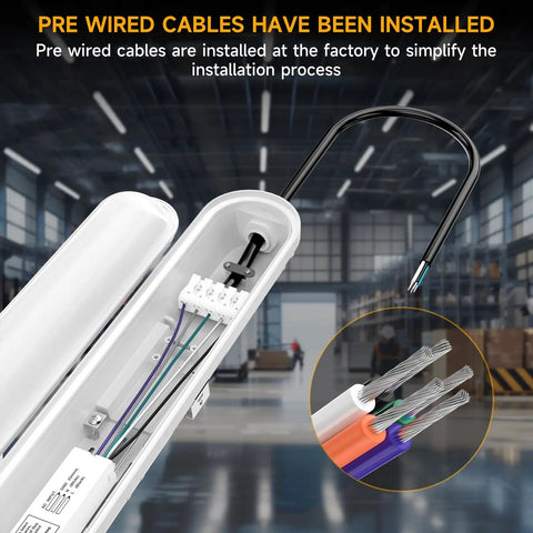 4 Foot LED Vapor Tight Shop Light with pre-wired cables and close-up of internal wiring in an industrial warehouse setting.