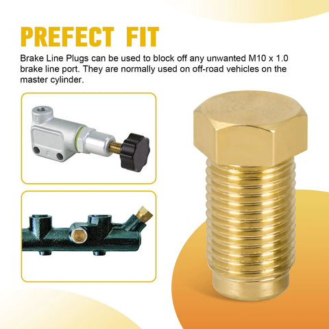 Brass M10x1.0 brake line plug with 1/8 NPT male threads, hex head (2-pack); front view with insets showing a valve and a brake block.