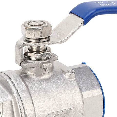 Top view of a 1 1/4 Inch NPT Ball Valve With 1000 WOG Rating And Rust Resistant 304 Stainless Steel Body for water and steam use.