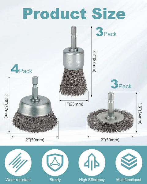 WENORA drill wire brush set (3-pack/4-pack) with coarse carbon steel brushes and 1/4 in hex shank for rust removal