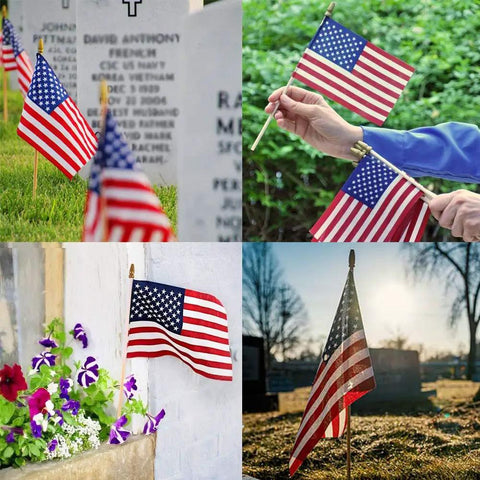 Four scenes with Handheld 5x8 Inch American Flags On Wooden Sticks 12 Pack displayed at various locations for patriotic events.