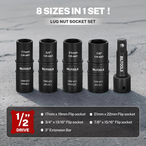 Five Piece Flip Lug Nut Socket Set For 1/2 Inch Drive Metric And SAE Non Marring Thin Wall Sockets Chrome Moly Build