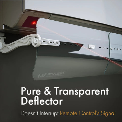 Adjustable AC Air Deflector Extends From 24 To 43 Inches, 360 Degree Rotatable on split AC unit, transparent see-through design