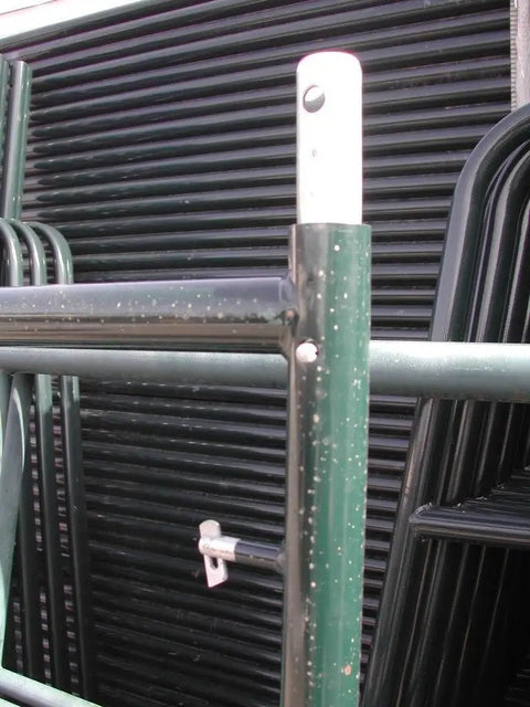 Green flip lock assembly detail of 3 Stackable Box Frame Scaffold Platform 5 By 5 X 7 Foot Heavy Duty Work Platform.