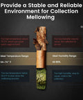 Dual Function 26L Electric Cigar Humidor chart showing ideal temperature and humidity for collection mellowing.