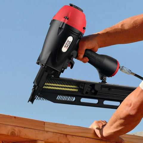 Man using 21 Degree Full Round Head Framing Nailer With 2 Inch To 3 And A Half Inch Nails Tool Free Depth Adjustment 360 Degree Exhaust