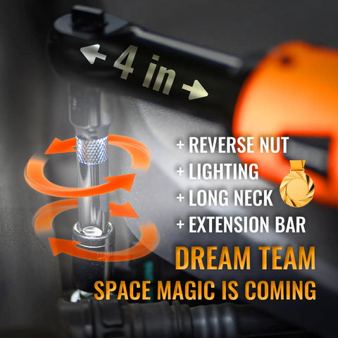 Three-Eighths Inch Cordless Electric Ratchet Wrench Set With Extended Long Neck For Deep Auto Work, A Slick 16V Power Tool Kit That Delivers Up To 45 Ft-Lbs Torque, 600 RPM, Two Batteries, LED Light, 9-Piece Accessories And Tool Box. 4 in extension bar close-up