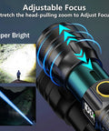 Image of rechargeable LED flashlight with digital power display and zoomable beam showing adjustable focus feature.