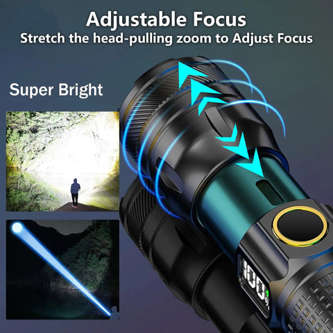 Image of rechargeable LED flashlight with digital power display and zoomable beam showing adjustable focus feature.