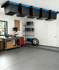 Heavy Duty Garage Ceiling Storage Rack System With Overhead Bin Slide Track Rails For Five Bins, Six Pack, Adjustable Tote Hanger