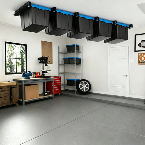 Heavy Duty Garage Ceiling Storage Rack System With Overhead Bin Slide Track Rails For Five Bins, Six Pack, Adjustable Tote Hanger