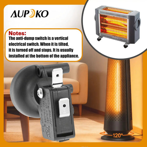 Must Have FD4 Dump Switch For Outdoor Patio Heaters And Thermoelectric Gas Heaters Replacement Part 16A 125V AC 20A T125 Broad Compatibility With Garden Treasures And Home Depot Models Easy Install And Durable Safety Switch, shown with heater applications in living room setup.