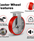 Heavy Duty Eight Inch Caster Wheels Set Of Four Polyurethane Swivel Casters With Six Thousand Pound Capacity Glides Like Butter For Shop Carts close-up of a single caster wheel featuring a red polyurethane tire and metal mounting plate.