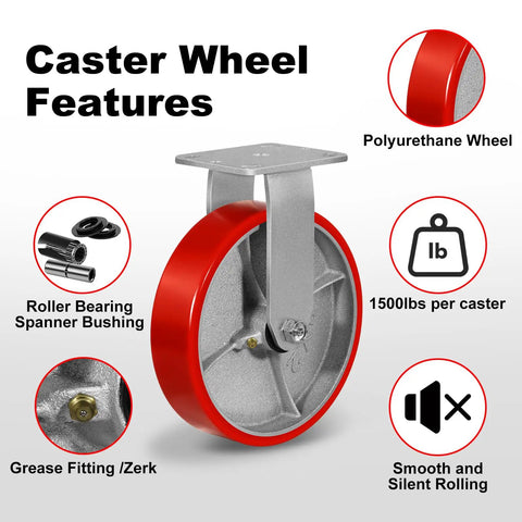 Heavy Duty Eight Inch Caster Wheels Set Of Four Polyurethane Swivel Casters With Six Thousand Pound Capacity Glides Like Butter For Shop Carts close-up of a single caster wheel featuring a red polyurethane tire and metal mounting plate.
