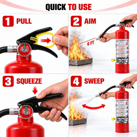 Tough As Nails ABC Dry Chemical Fire Extinguisher 4 Pack Rated 3A 40BC showing quick use instructions for effective flame control.