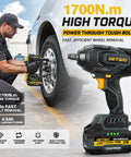 Beast Mode Cordless Brushless Impact Wrench With Ultra High Torque 1700 Nm, 1254 Foot Pounds, 3500 IPM, Half Inch Drive, 6 Socket Set, Includes Two 4Ah Batteries, Heavy Duty Tool For Truck And Workshop, used on truck wheel