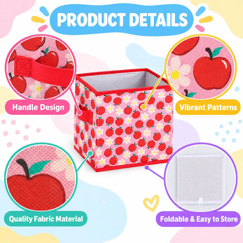 Close-up of 6 Piece Slick Fabric Storage Bins 11 Inch with apple patterns, showing handle and fabric details, ideal for classrooms.