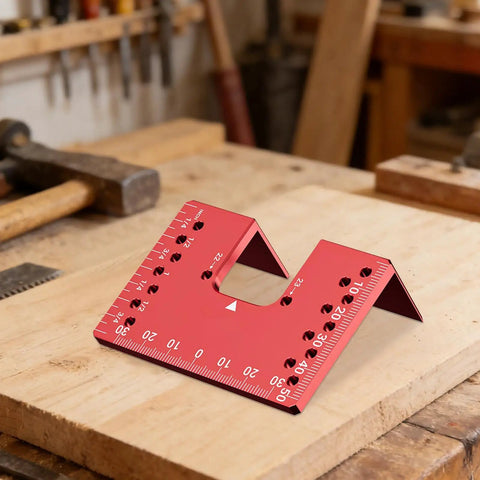 Ruler on workbench in workshop setting with woodworking tools