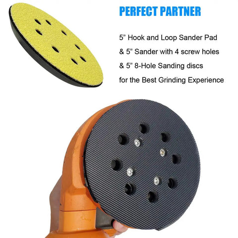 5 Inch Hook And Loop Sander Pad For 5 Inch Orbit Sanders With 8 Hole Dust Pattern Replacement Pad That Fits R2600 R2601 And Other 5 Inch Sanders Extra Hard Backing For Durable Sanding And Easy Pad Replacement shown with sander