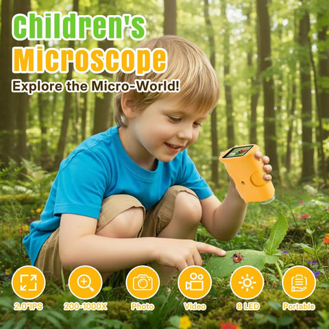 1000x Kid Friendly Handheld Digital Microscope For Kids With 2 Inch IPS Screen Rechargeable Pocket Scope, child holding yellow unit outdoors
