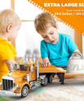 Children playing with Giant 39.6 Inch RC Semi Trailer Truck For Kids With Lights And Sounds 16 Channel Remote Control Transport Truck