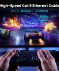 Hands holding a controller in front of a screen showing a game, advertising High Speed Cat 8 Ethernet Patch Cable 15 Ft For Gaming And Streaming.