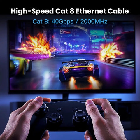 Hands holding a controller in front of a screen showing a game, advertising High Speed Cat 8 Ethernet Patch Cable 15 Ft For Gaming And Streaming.