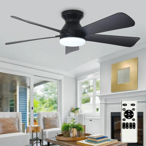 Cool 42 Inch Black Ceiling Fan With Light For Indoor And Outdoor Use Dimmable LED Remote Control Flush Mount Black Blades