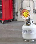 Infrared Propane Heater With Single Burner, 15,000 BTU, Heats Up To 950 Sq Ft in a garage space, portable use.