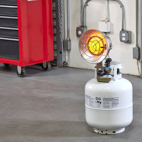 Infrared Propane Heater With Single Burner, 15,000 BTU, Heats Up To 950 Sq Ft in a garage space, portable use.