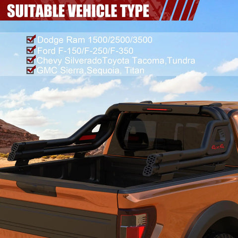 Heavy Duty Universal Truck Bed Roll Bars Adjustable Sport Chase Rack For Midsize Pickup Rigs mounted on a truck bed.