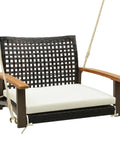 One Person Outdoor Porch Swing With Metal Frame And Soft Cushioned Seat Wicker Style Chair Ropes And Hooks Included PE Rattan Swing