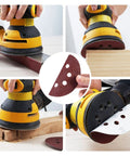 150 Piece 5 Inch 8 Hole Sanding Discs For Woodworking Aluminum Oxide Sandpaper with hook and loop adhesive in use with orbital sander