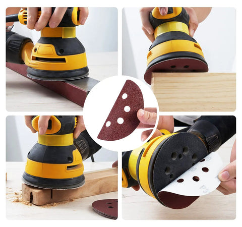 150 Piece 5 Inch 8 Hole Sanding Discs For Woodworking Aluminum Oxide Sandpaper with hook and loop adhesive in use with orbital sander