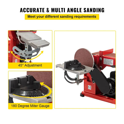 Heavy Duty 375W Bench Belt And Disc Sander Combo For Woodworking Projects showing 180-degree miter gauge and 45° adjustment.