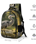 Forest Pond Grey Heron Print Unisex Backpack With Large Capacity For Daily Commute And School showcased with dimensions and features.