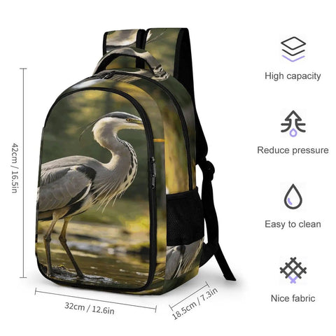 Forest Pond Grey Heron Print Unisex Backpack With Large Capacity For Daily Commute And School showcased with dimensions and features.