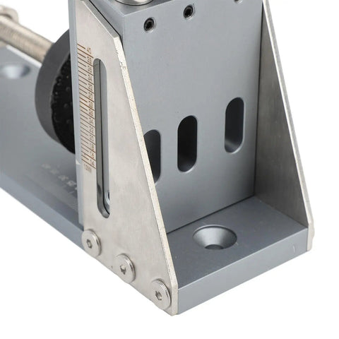 No Sweat Precision Pocket Hole Jig System Dead On Drill Depth Control showing durable aluminum base and depth measurement scale.