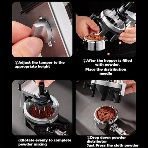 Professional 58Mm Espresso WDT Distribution Tool With 12 Tuning Needles And Smooth Adjustable Depth demonstrates its use in coffee preparation.
