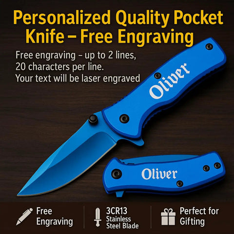 Badass Custom Engraved Pocket Knife With Titanium Coated Blade 2.75 Inch 3CR13 Stainless Steel Blue Handle And Pocket Clip