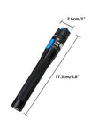 SinLoon Visual Fault Locator fiber optic tester pen, angled side view, black with blue switch, 17.5 cm long, 2.6 cm diameter