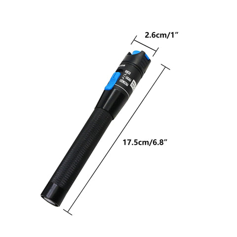 SinLoon Visual Fault Locator fiber optic tester pen, angled side view, black with blue switch, 17.5 cm long, 2.6 cm diameter