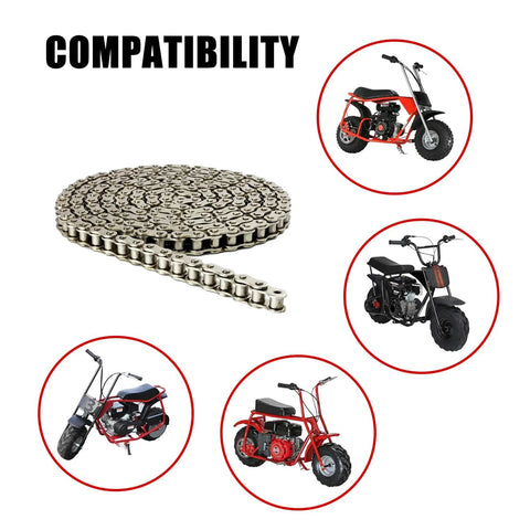 Front view of LUPING #35 chain, 160 links; metal mini bike chain shown with five compatible bikes.