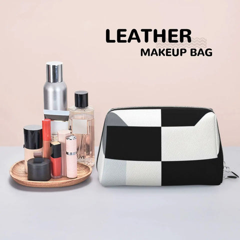 Hella Chic Black And White Piano Key Print Travel Makeup Bag, Durable PVC Cosmetic Pouch For Women, with beauty products.