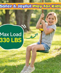 Child on kids tree swing set with 330lb capacity rope swing, platforms, disc seat in outdoor playground, safety emphasized.